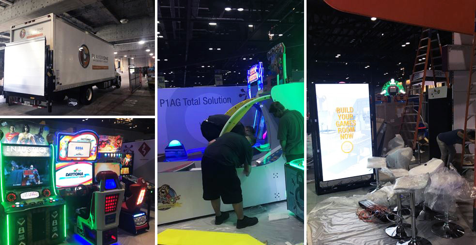 Photo of Player One Amusement Group truck, assorted arcade games and booth being assembled 